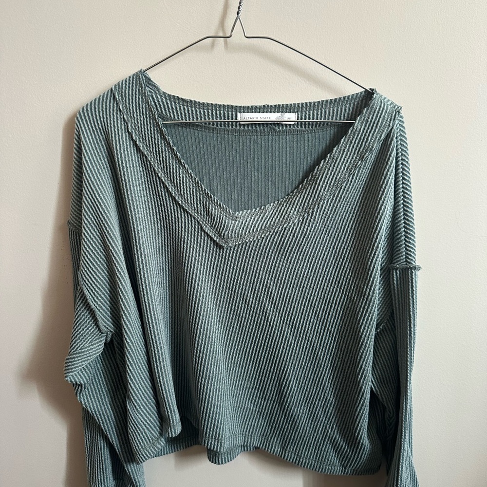 Altar'd State Textured Teal V-Neck Hoodie
